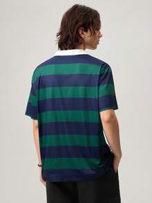 Men Striped & Slogan Graphic Polo Shirt - Dark Green - View 3