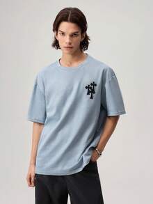 Loose Fit Men's Drop Shoulder Cross Embroidery Vintage T-Shirt, 2000s Style - Dusty Blue - View 5