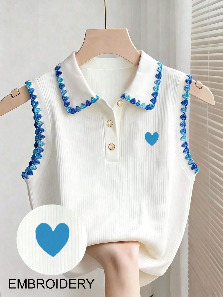 Franclia 清新對比色狗領心形刺繡修身羅紋針織無袖 Polo 背心 - 彩色 - 查看 1