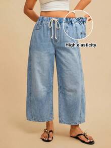 Travachic Women's High-Waisted Loose-Fitting Drawstring Belt Pocket Casual Streetwear Tapered Jeans Cropped Length Light Blue Summer Back-To-School Y2K Travel - Medium Wash - View 2