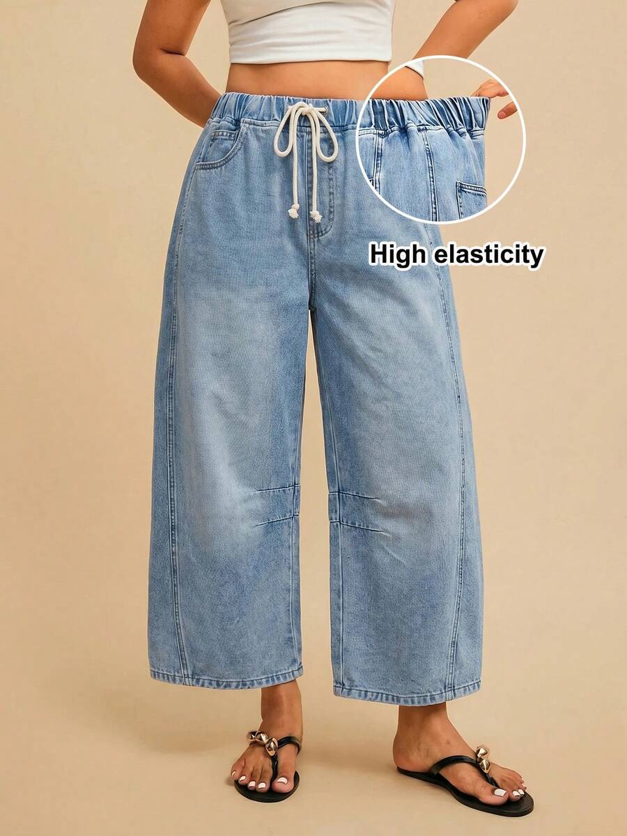 Travachic Women's High-Waisted Loose-Fitting Drawstring Belt Pocket Casual Streetwear Tapered Jeans Cropped Length Light Blue Summer Back-To-School Y2K Travel