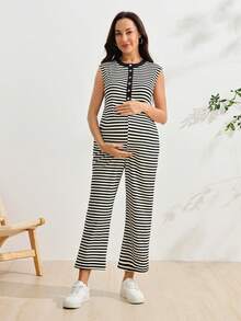 SHEIN Mono casual de maternidad con media tapeta de botones y rayas - Blanco y Negro - Ver 8