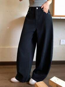 DAZY Women's Solid Color Loose Rivet Casual Street Vacation Curved Leg Jeans Fall - Black - View 8