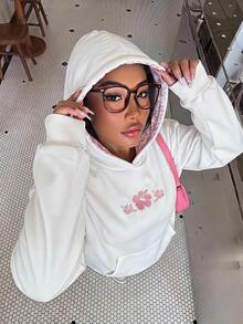 青少年女孩休閒時尚可愛粉色花卉刺繡套頭運動衫 - 白色 - 查看 3