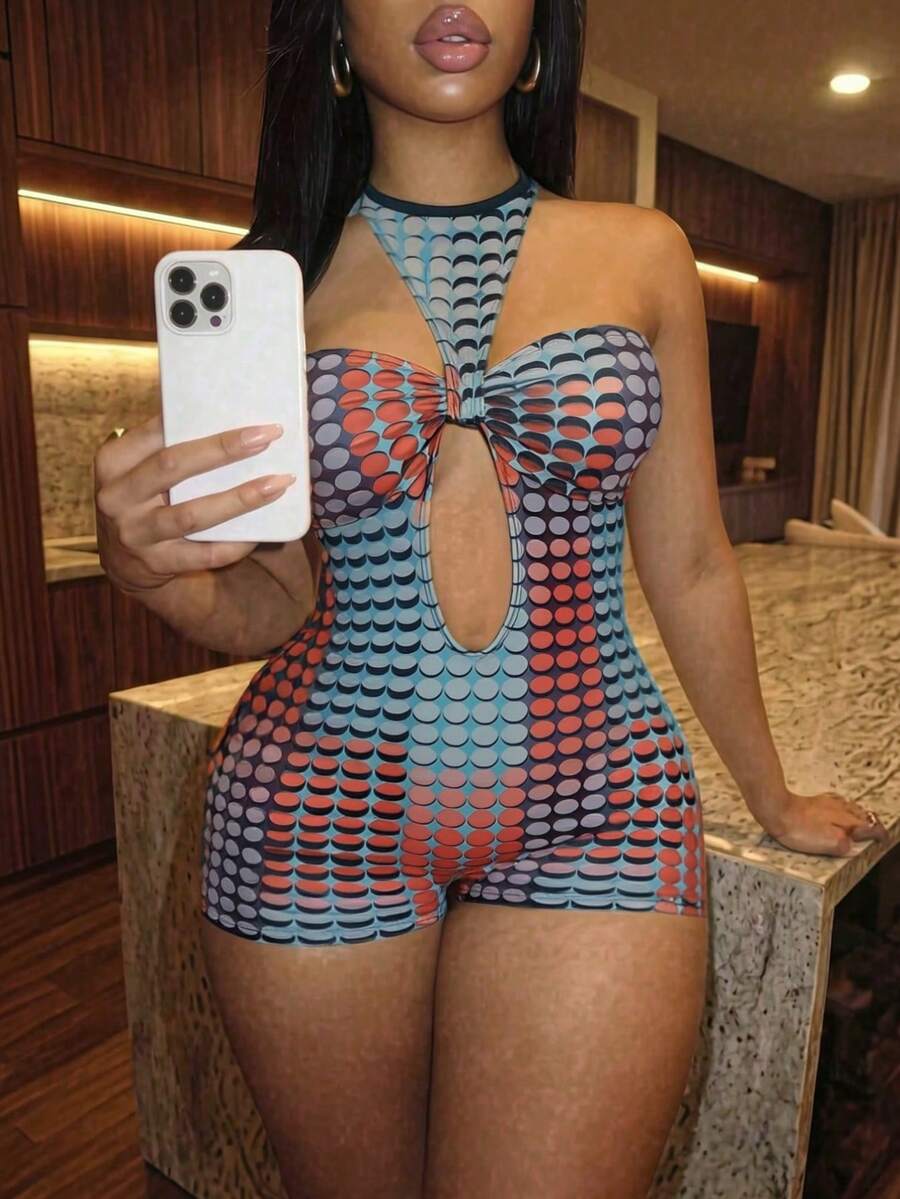Slaydiva Women's Beach Vacation Vacation Bust Ruched Blue And Orange Polka Dot Print One-Piece Swimsuit, Music Festival, Cruise Trip, Beachwear Summer Tropical - Multicolor - View 1