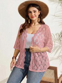 SHEIN LUNE 大尺碼女款蕾絲休閒百搭日常外出開襟衫 - 藕粉色 - 查看 6