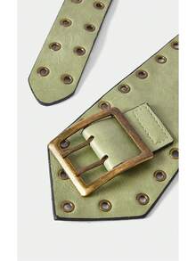 Noxbound 1pc Vintage Wide Waist Belt For Women, Fashionable Rivet Waistband - Green - View 6