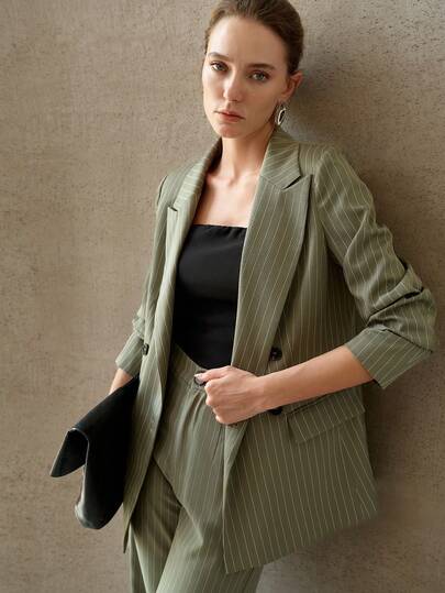 MOTF PREMIUM WOMEN'S STRIPED PRINT PEAK COLLAR DOUBLE-BREASTED BLAZER