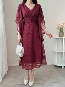 DAZY Women's Elegant Floral Ruffle Sleeve Dress, Spring/Summer Sundress - Burgundy - View 5