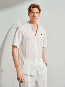 VeloEdit Men's Minimalist Printed Short Sleeve Shirt And Pants SetFall Winter - White - View 5