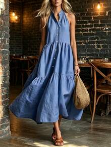 SHEIN Holidaya French Niche Halter Neck Stand Collar Single-Breasted Solid Dusty Blue Dress For Women, Lazy Loose Fit Tummy-Covering Korean Casual Beach - Blue - View 3