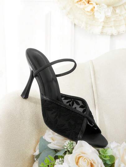 CUCCOO HITCHD Black Lace Mesh Stitching Back Strap Round Toe Stiletto Sandals, Women's Sexy Open-Toed High Heels