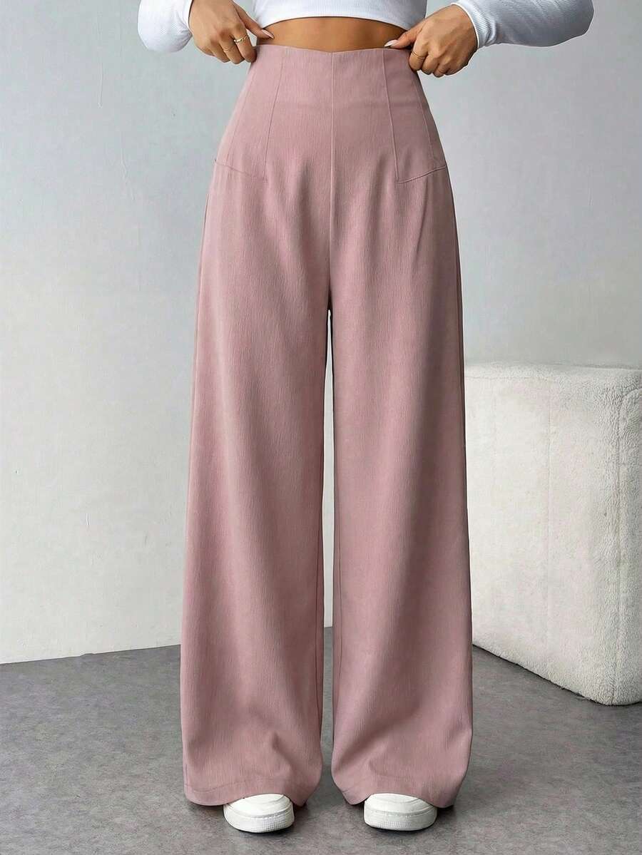 Firerie Women's Casual Chic High Waist Textured Wide Leg Pants, Suitable For Back To School And Commuting - Dusty Pink - View 1