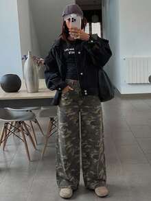 Livesso 夏季秋季女款高腰迷彩印花寬鬆棉質牛仔短褲 - 軍綠色 - 查看 4