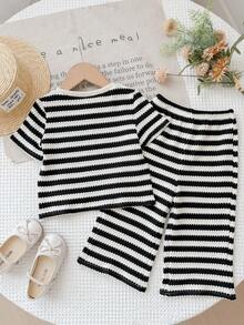 SHEIN Baby Girl Knit Striped Round Neck 3D Floral T-Shirt And Long Pants 2 Pieces Set - Black - View 2