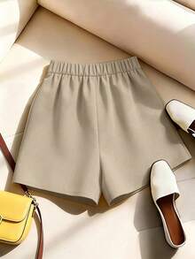 GlowEve CURVE Plus Size Women's Summer New Woven Gray Slimming Ruched A-Line 2 In 1 Faux Pocket Button Decor Design Shorts, Fitness Formal Office Sports - Khaki - View 2