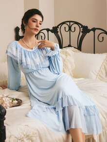 Côtesoire Women's Lace Patchwork Pleated Casual Daily Home Sleep Dress - Baby Blue - View 3