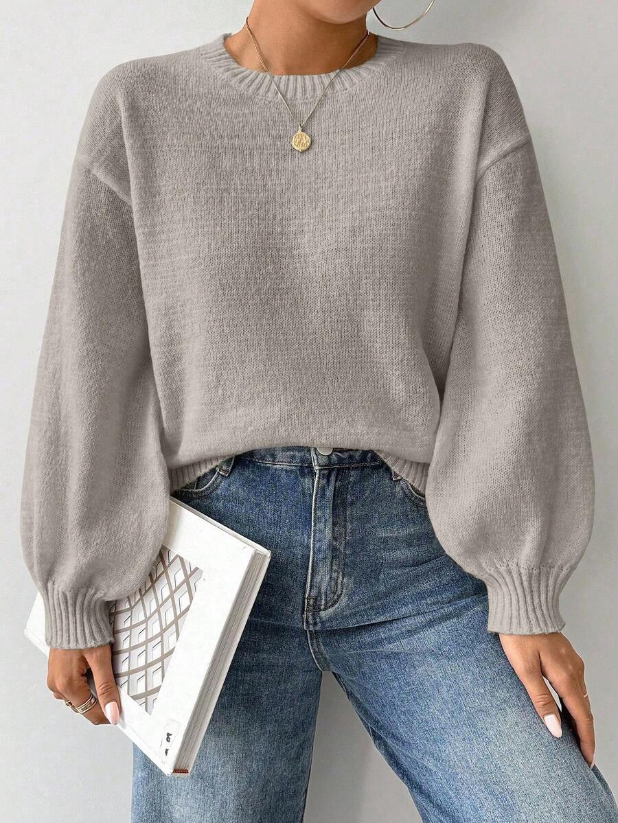 Balvessa Loose Round-Neck Lantern Sleeveharmony Drop Shoulderknitted Sweater - Light Grey - View 1