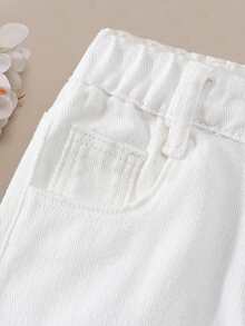 SHEIN 少女 Y2K 牛仔街頭風日常彈力腰直筒牛仔褲，平口袋設計，夏季日常 OOTD - 白色 - 查看 4