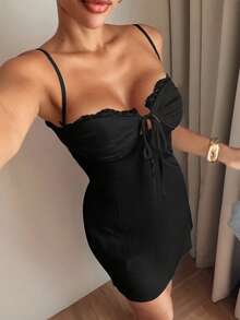 Slaydiva Summer Sexy Elegant Sweet Girl French Birthday Party Club Night Out Gathering Vacation Bustier Lace Patchwork Slim Fit Satin Black Dress - Black - View 3