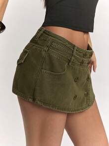 SHEIN BAE 女款夏季休閒水洗雙排扣牛仔短褲 - 軍綠色 - 查看 6