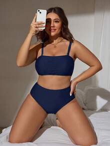 SHEIN Swim 2026夏季度假基本款極簡主義平口大尺碼女款泳衣套裝 - 藏蓝色 - 查看 3