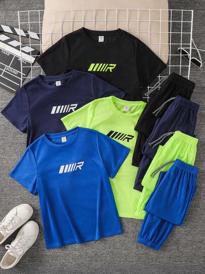 兒童買6送2，8件組青少年男孩休閒純色與字母圖案長袖圓領T恤及鬆緊腰短褲套裝，適合秋冬春夏，戶外玩耍、學校、街頭、派對與休閒穿著