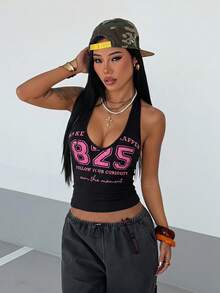 Fiercella Fiercella 女款春夏黃色V領數位大學印花街頭風休閒細肩帶背心，適合度假、音樂節，Y2K辣妹2000年代風格 - 黑色 - 查看 4