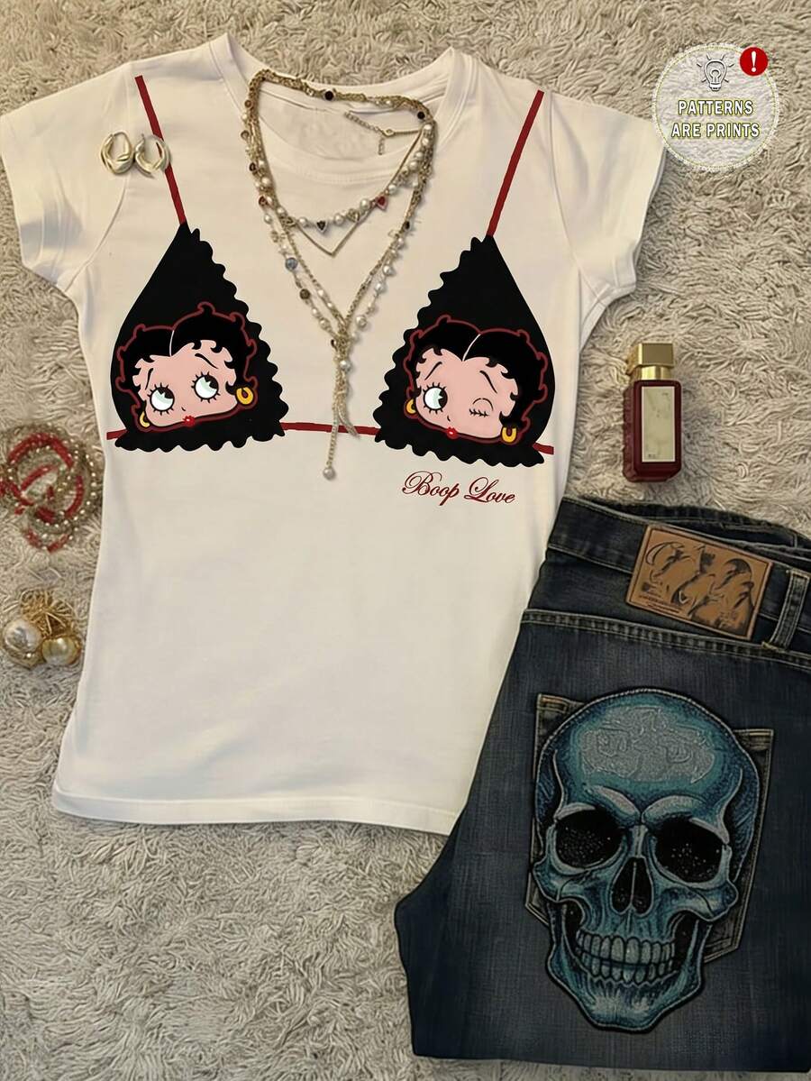 Attitoon Betty Boop x SHEIN 休閒街頭風極簡復古 Y2K 百搭派對城市度假風 白色字母印花 T-shirt,音樂節適用,女款夏季 - 白色 - 查看 1