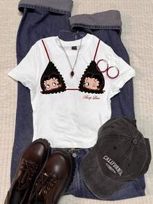 Attitoon Betty Boop x SHEIN 休閒街頭風極簡復古 Y2K 百搭派對城市度假風 白色字母印花 T-shirt，音樂節適用，女款夏季 - 白色 - 查看 4