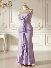 DreamSkyne Elegantes gestricktes Bodycon-Kleid in Taro-Lila Große Größen für Damen mit Rüschen vorne und hinten sowie plissierter, taillierter Taille - Lila - Übersicht 4