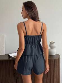 DAZY 2pcs Lace Patchwork Sleeveless Camisole & Short Pajama Pants Set, Summer Women's Sleepwear - Navy Blue - View 2