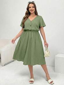 Shapeblank Plus Size Women's Solid Color V-Neck Pleated Casual Daily Wear Dress - Army Green - View 4