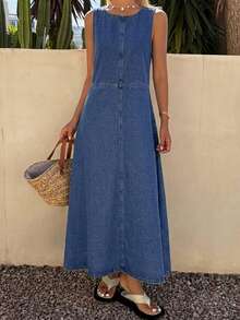 Livesso Women's Autumn Cotton Round Neck Loose Casual Solid Color Button Tie Denim Dress For Vacation And Holiday Vacation Aqua Blue - Blue - View 8