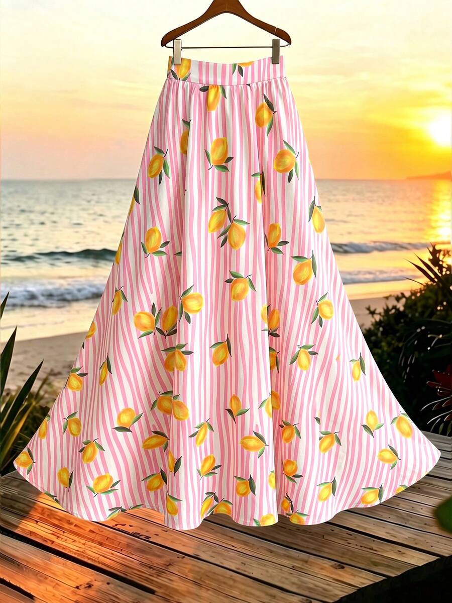 Franclia Plus Size Women's Summer Lemon Print A-Line Casual Vacation White Long Skirt Vacation - Multicolor - View 1