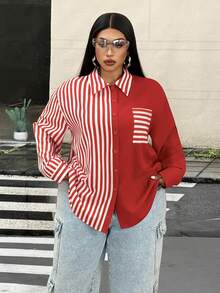 Mawevolt Plus Size Long Sleeve Casual Commute Striped Classic Romantic Versatile Fashion Shirt Fall - Red - View 2