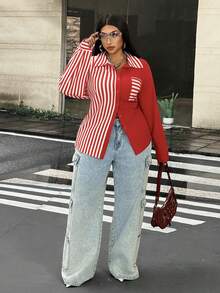 Mawevolt Plus Size Long Sleeve Casual Commute Striped Classic Romantic Versatile Fashion Shirt Fall - Red - View 3