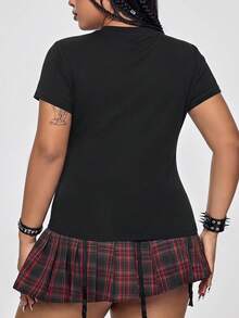 ROMWE Grunge Punk Punk Lingerie Rivet Print Black Plus Size Women's Fitted T-Shirt, All-Match Versatile - Black - View 6