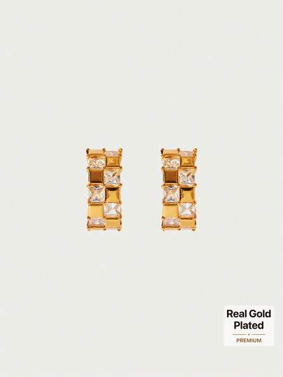 Glisma 18k Gold Plated C Geometric Gemstone Simple Temperament Earrings,Premium/Old Money/Classy,Summer/Beach/Prom/Party,Layered/Gemstone/Beaded/Crystals