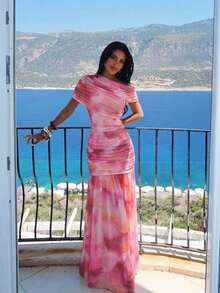 Aloruh Mesh Ruched Printed Elegant Extra Long Dress For Party, Date, Romantic Outfit - Multicolor - View 5