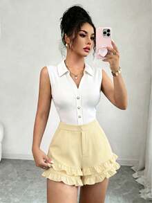 Franclia Fashionable Yellow Mini Shorts For Women Casual Plain Woven Fabric With Ruffle Detail - Yellow - View 2