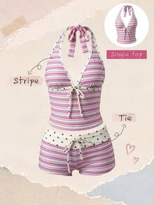 Elavelle Women's Spring/Summer Random Print Spaghetti Strap Bow Bikini Top - Multicolor - View 1