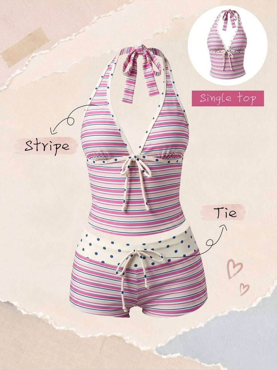 Elavelle Women's Spring/Summer Random Print Spaghetti Strap Bow Bikini Top - Multicolor - View 1