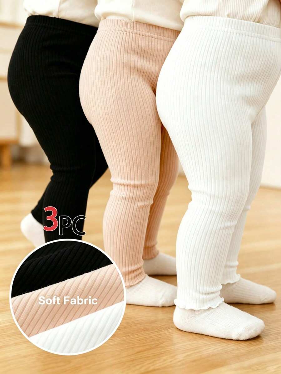 SHEIN Vintaside Kids 3件組女嬰夏季服飾 開學季 6個月-3歲 休閒極簡風 白色 黑色 灰色 杏色 寬螺紋波浪下擺 鬆緊腰彈性內搭褲 舒適柔軟 適合運動通勤 春夏出遊與禮品 - 彩色 - 查看 1