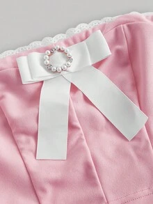 SHEIN MOD Nơ mặt trước Ống Màu hồng Ren Vá lại Cúp Mùa vụ Áo nịt ngực Kết cấu Áo - Màu Hồng baby - Xem 5