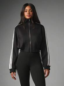 MISSGUIDED Tricot Funnel Neck Full Zip Track Top With Contrast Side Stripe Detail And Ribbed Cuffs - Black and White - View 3