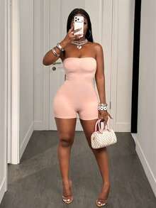 BamGleam Versatile Seamless Solid Color Sexy Tight-Fitting Bandeau Romper Shorts - Baby Pink - View 8