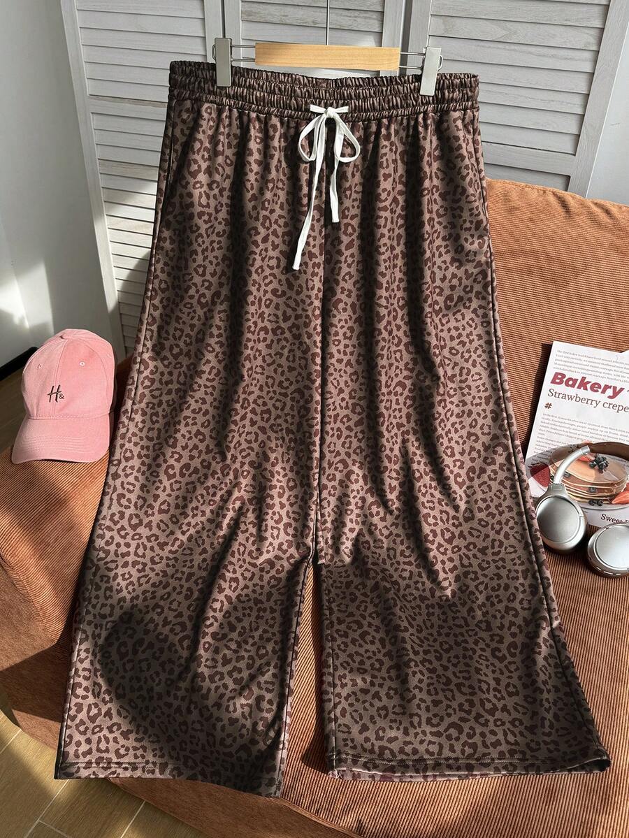 Comfortcana Plus Size Women's Leopard Print Drawstring Waist Casual Versatile Daily Formal Sweatpants Maroon Summer - Brown - View 1