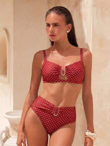 Swim Chiccia 女款紅白色波點比基尼套裝，70年代復古高腰兩件式泳衣，附金色U型裝飾，夏季度假泳池派對穿搭 - 紅色 - 查看 4