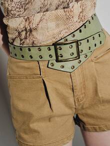 Noxbound 1pc Vintage Wide Waist Belt For Women, Fashionable Rivet Waistband - Green - View 5